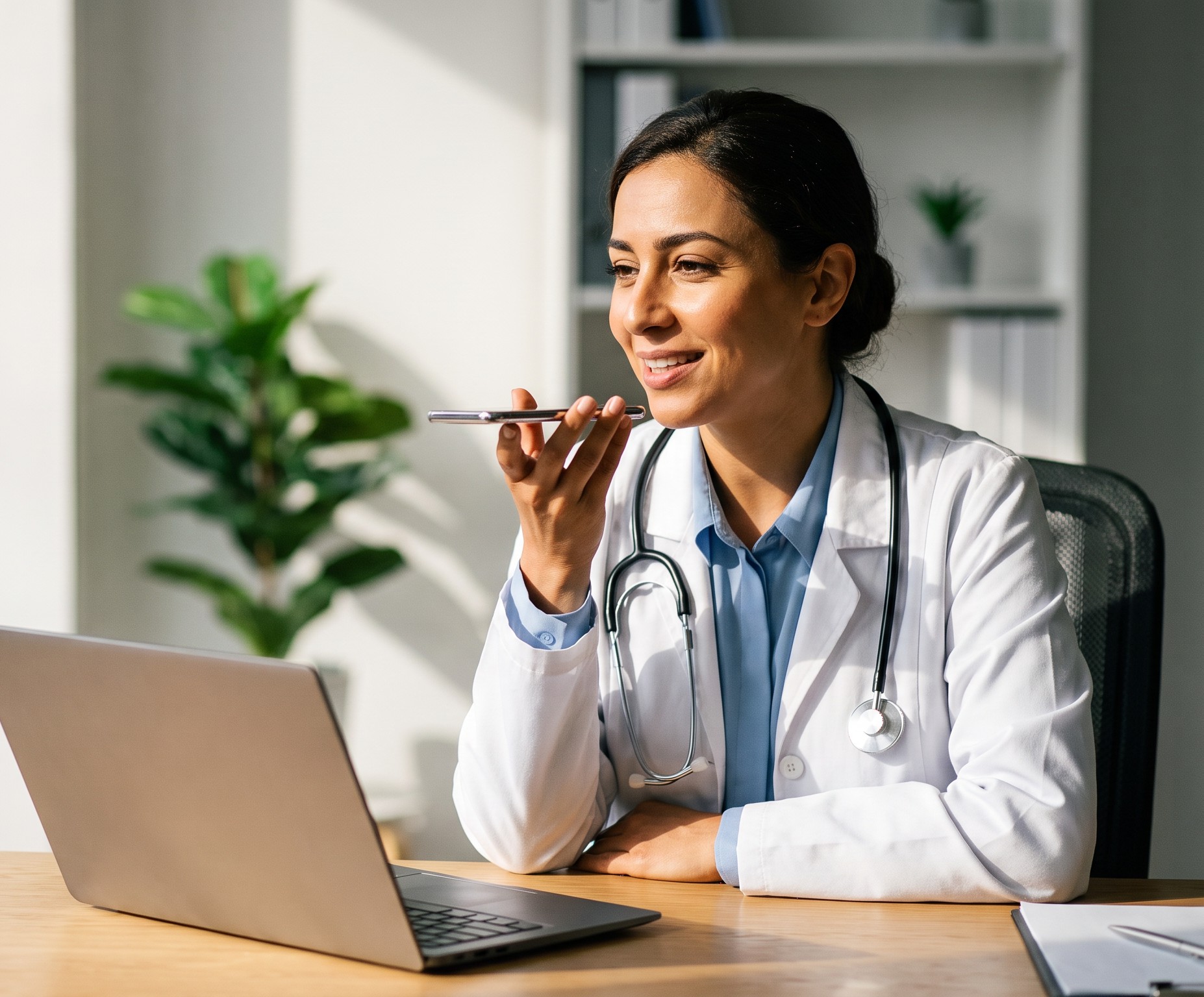 Doctor dictating clinical notes into a phone