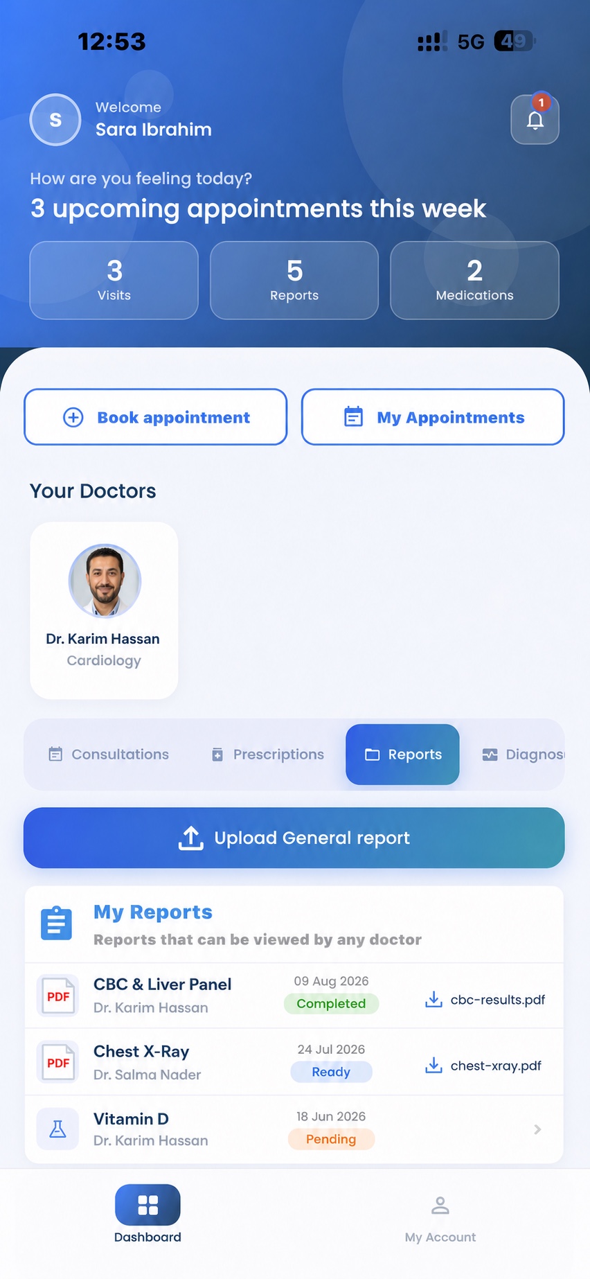 Current PatientBook patient reports screen with uploaded results and a fictional doctor